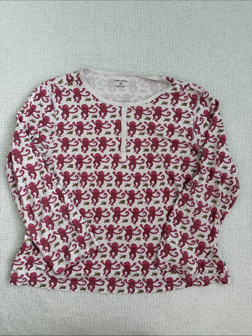 Roller Rabbit 100% Cotton Monkey Print Long Sleeve Pajama Top Size Medium